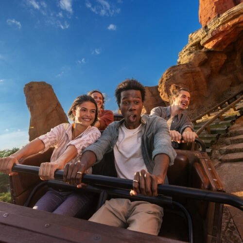 Mensen in achtbaan Mensen in achtbaankarretjes van Big Thunder Mountain tijdens de rit