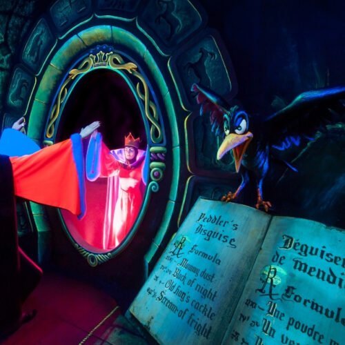 Heks van sneeuwwitje Kraai op een boek en de heks van Sneeuwwitje voor een spiegel