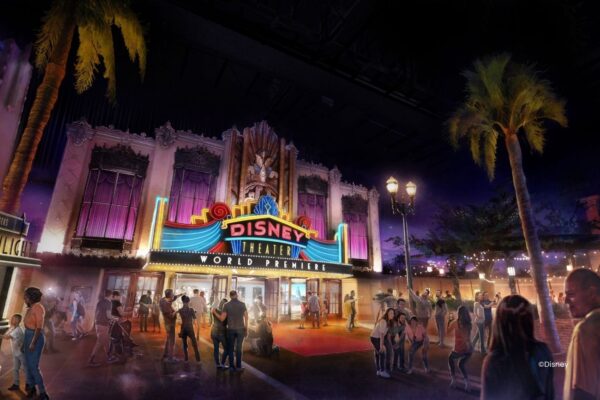 Concepttekening Disney World Premiere Nieuwe interieur Studio 1 met palmbomen en neonlicht
