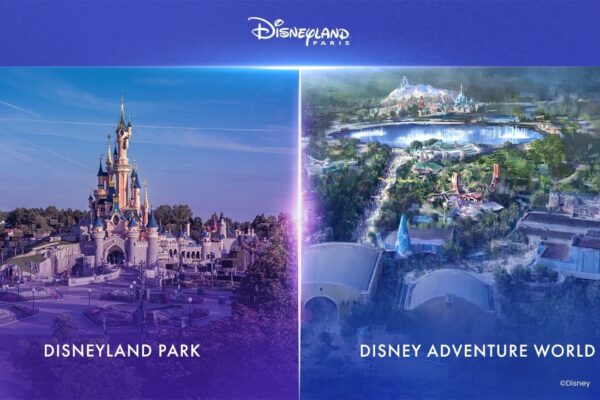 Disney® Parken presentatie Kasteel van Doornroosje in het Disneyland® Park en schets Disney Adventure World