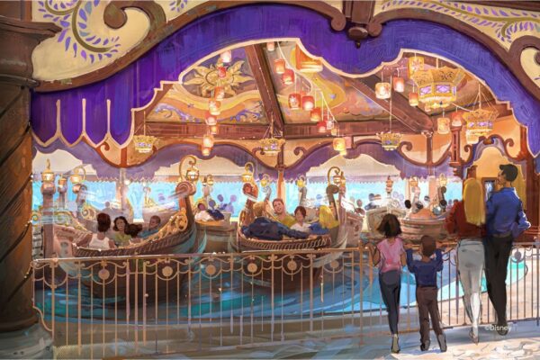 Rapunzel attractie Concept tekening van een Rapunzel attractie met bootjes