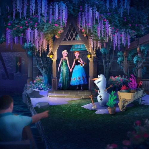 World of Frozen Concepttekening van Frozen attractie met Anna, Elsa en Olaf in een decor met bloemen
